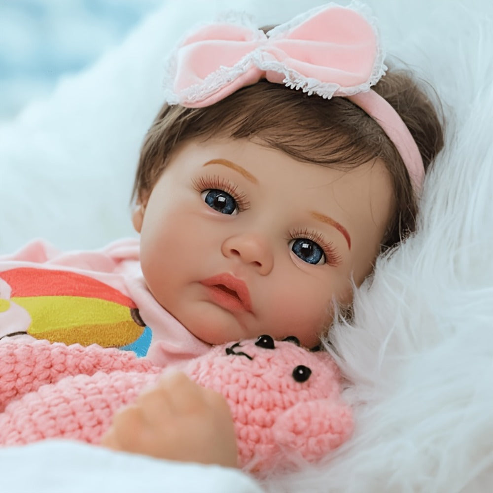 Reborn Doll, Soft-Body Sleeping Figure with Hand-Painted Details, Purple Bows and Floral Outfit