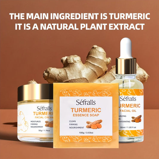 Turmeric Skincare Set 3 Pcs - Turmeric Face Cream, Facial Soap & Essential Oil Kit for Deep Pore Cleansing, Brightening & Moisturizing, Oil Control Skin Care Gift Set for Women & Men