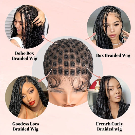 HD Lace Crochet Wig Cap Pre-Made Braided Sections Baby Hair Glueless Full Lace Base for Box Braids Goddess Passion Twist 45-122 Sections Natural Black 613 Women