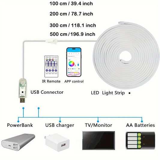 LED Strip Light RGBIC Neon Rope in 2m, 3m or 5m with USB Power, App and IR Remote, Music Sync and IP65 Label