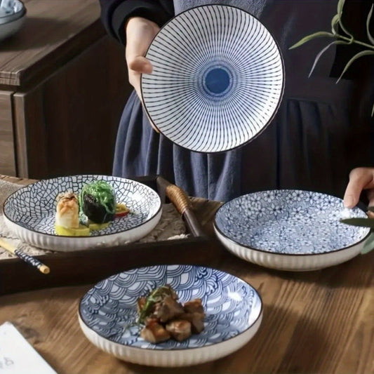 Japanese Ceramic Plates Set of 4 – Floral Yamada Pattern Dinnerware, 7-Inch Round Serving Plates with Non-Slip Edge, Underglaze Color, Nordic Style Steak & Salad Dish
