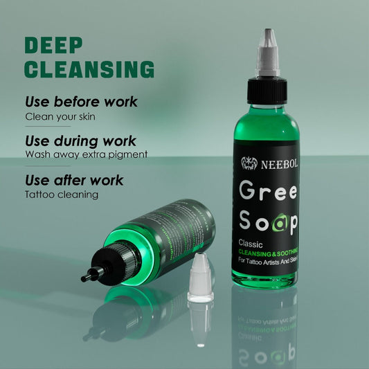 Tattoo Green Soap Concentrated Cleaning Solution 8.5oz with Squeeze Bottle Skin Prep Before During & After Tattooing Moisturizing Balm Lint-Free Wipes for Artists & PMU