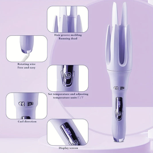 Automatic Hair Curler Rotating Barrel Electric Ceramic Tourmaline Curling Iron One-Button Auto Curl Waver for Women All Hair Types US Plug Birthday Gift for Mom Purple