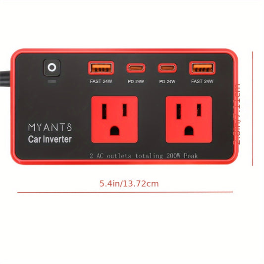Car Power Inverter 200W - 12V DC to 110V AC, 4 USB Ports (PD & QC 3.0), Fast Charging Car Outlet Adapter for Road Trips, Camping & Vehicle Use