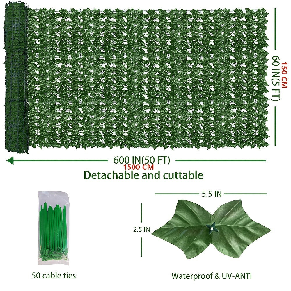 Artificial Ivy Privacy Fence Screen in 13 Size Options with Cuttable Green Leaf Panels for Patio or Balcony