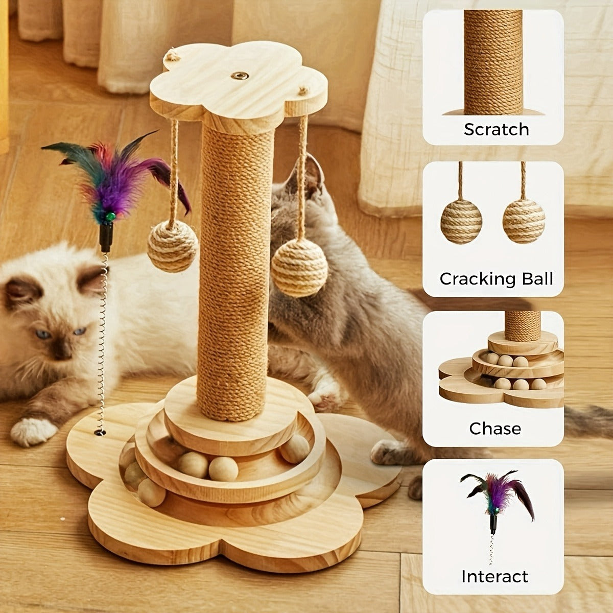 Cat Scratching Post Sisal Vertical Scratcher – Solid Wood Base, Wear-Resistant Rope, Multiple Styles: Standard, Mushroom & Dolphin Shapes, Sizes S/M/L, Cat Climbing Frame with Teaser Wand