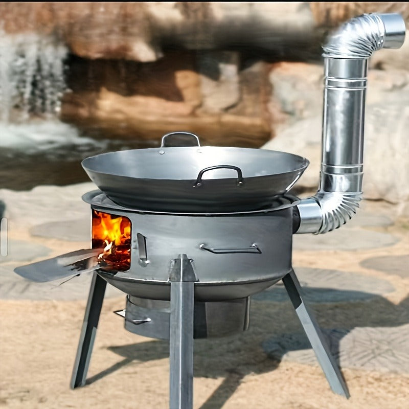 Outdoor Wood Stove with Chimney & Tripod, Heavy-Duty Metal Camping Stove for Backyard, Terrace & Campsite – Circular Design, Large Pot Compatible, 2 Sizes
