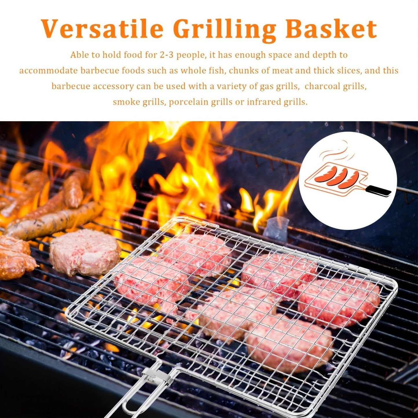 Grill Basket Stainless Steel Folding BBQ Grilling Basket for Fish Chicken Vegetables Shrimp Portable Outdoor Camping Barbecue Accessory 3 Sizes