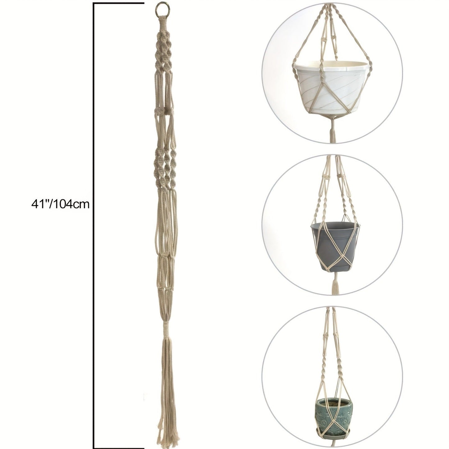 Four-Piece Macrame Plant Hanger Set in White, Black or Natural Rope with Woven Pot Holder Designs