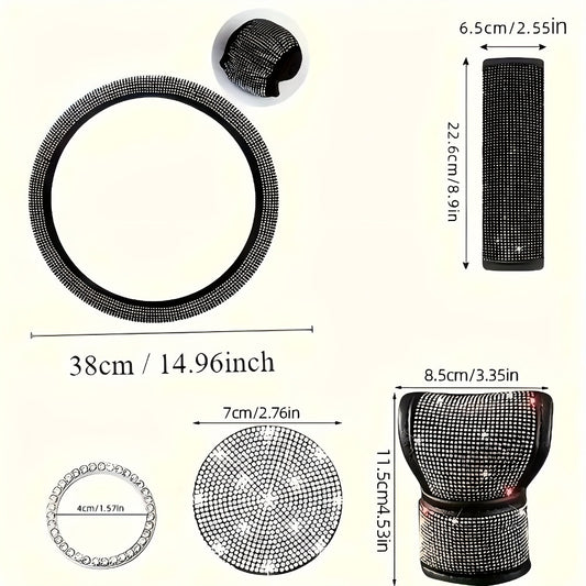 Rhinestone Car Accessories Set for Women 8 Pcs – Bling Steering Wheel Cover Cup Coasters Seat Belt Pads Shift Knob Cover Starter Rings – Multicolor Pink Purple