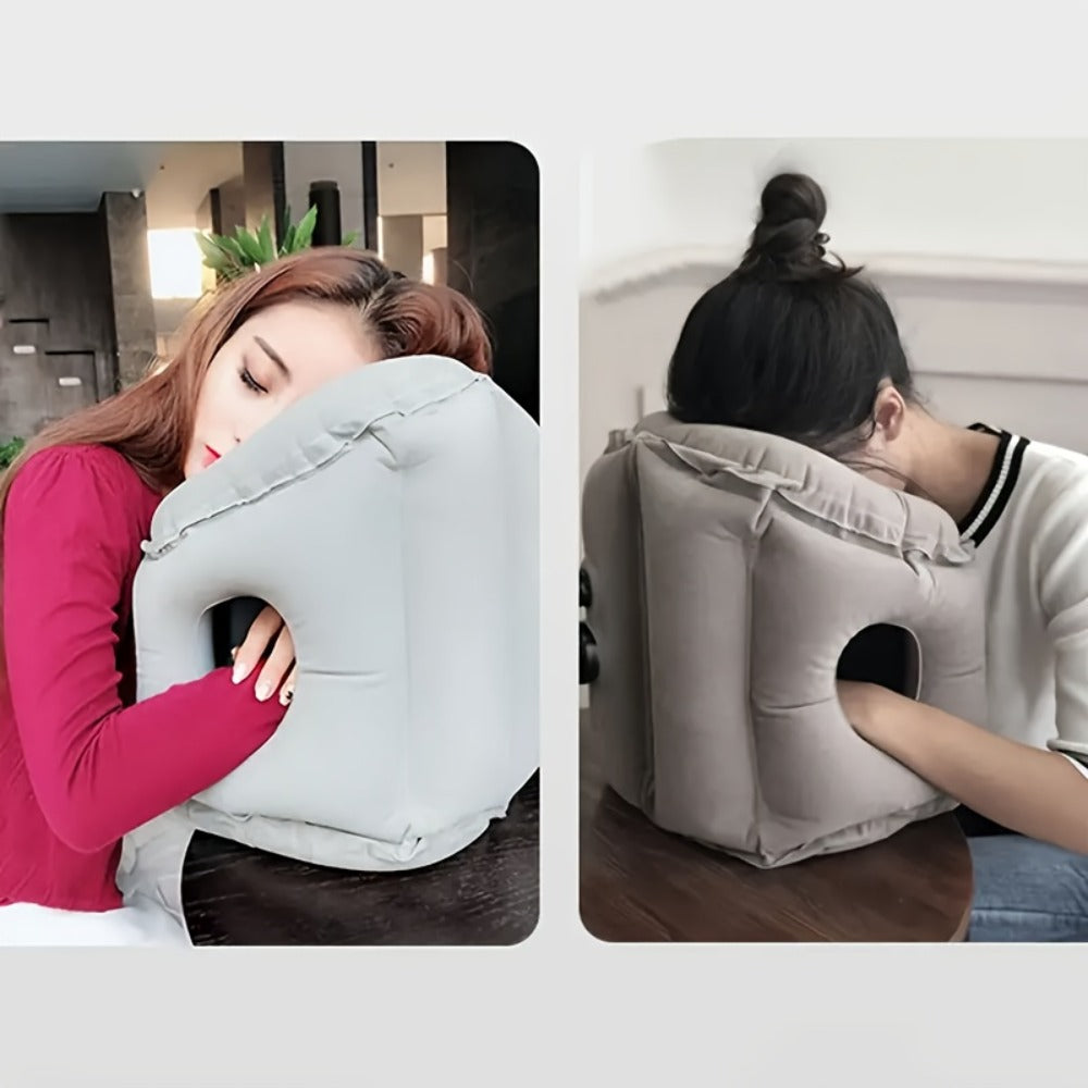 Grey Inflatable Forward-Leaning Travel Pillow with Face Opening, Arm Access, Carry Case and 37 × 32 × 26 cm Label