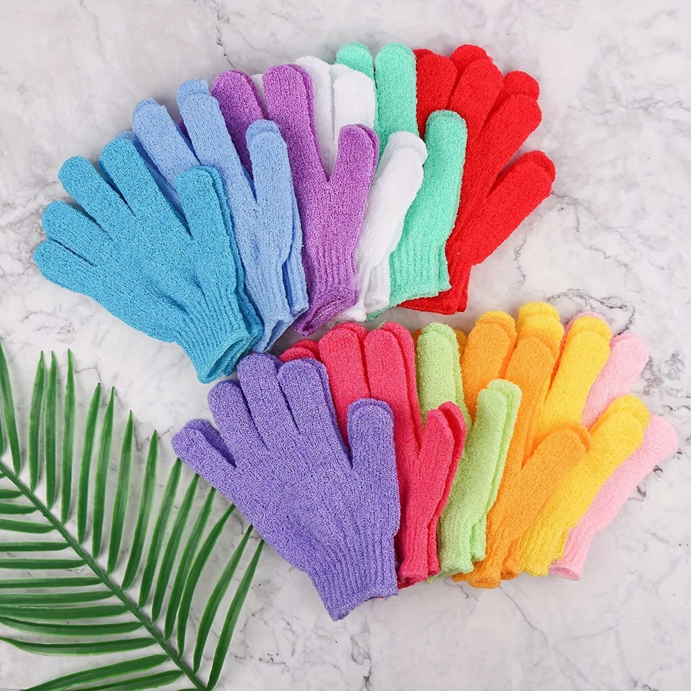 Twenty-Piece Rose-Red Exfoliating Shower Glove Set with Textured Five-Finger Mitt Design Pictured