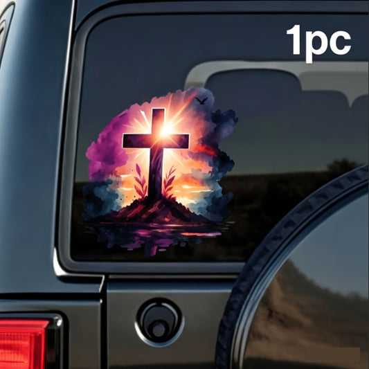 Car Window Decals Vinyl Cross Sunset Sky Stickers – Funny Bumper Sticker for Cars, Trucks & SUVs, Waterproof Outdoor Vinyl Decal, Christian Faith Mountain Scene, 1pc or 4pcs Set