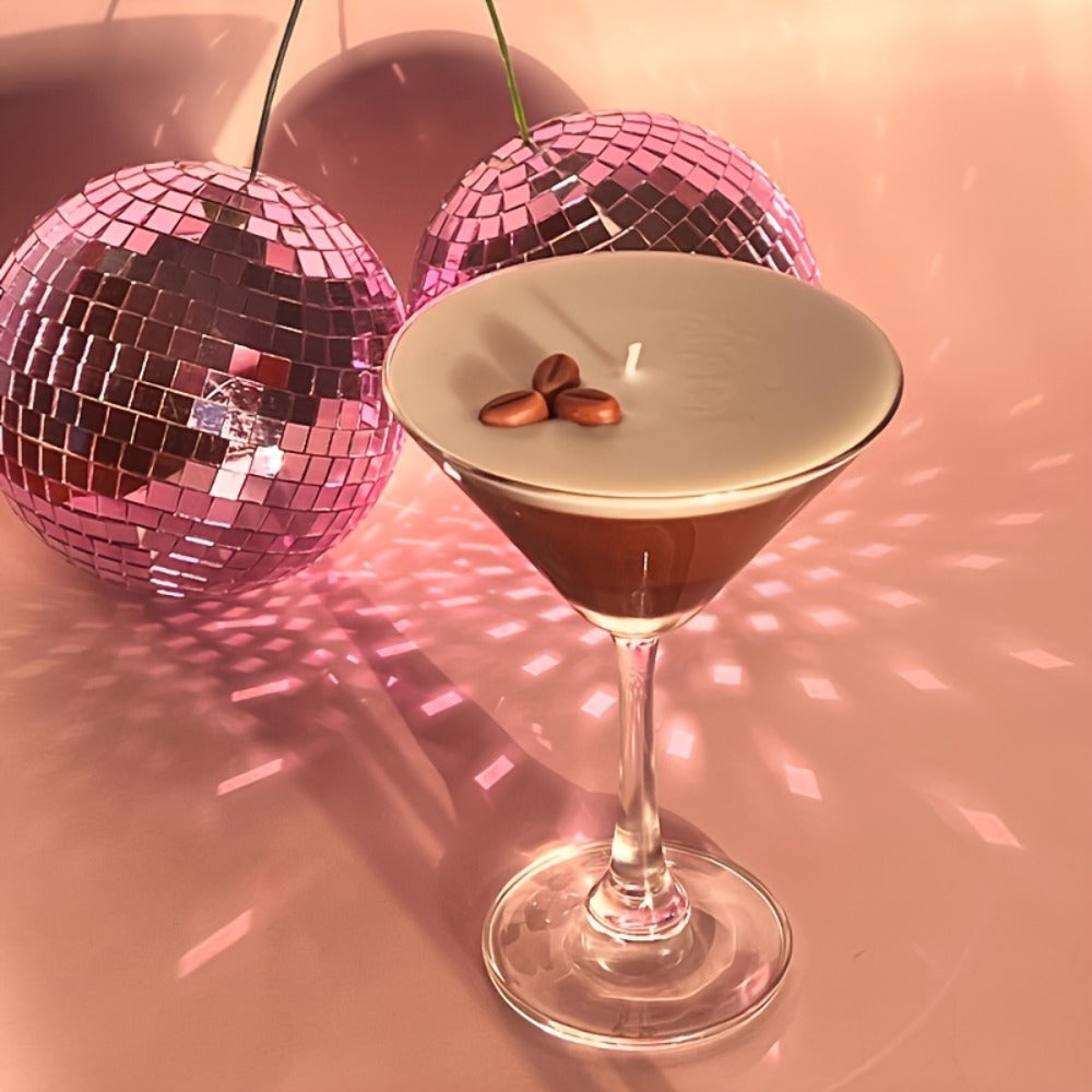 Coffee Martini Candle in Stemmed Glass with Layered Design, Coffee Bean and Glitter Details