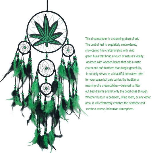 Bohemian Dream Catcher with Feathers & Leaf Embroidery – Boho Wall Hanging Decor for Bedroom, Bedside, Cabin & Living Room – Handcrafted Woven Dreamcatcher Gift for Women and Men