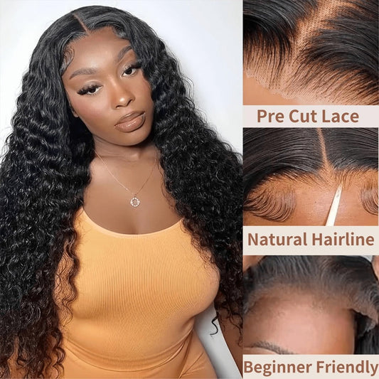 Deep Wave Human Hair Wig Glueless 250% Density Lace Front — Pre Plucked Pre Cut Lace Buckle Cap Loose Wave Wig for Black Women Natural Black 14 Inch