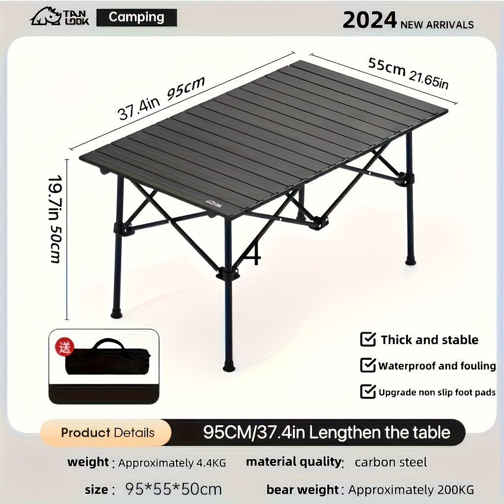 Folding Camping Table in Black with Displayed 37.4 x 21.65 x 19.69-Inch Size, Slatted Top and Carry Bag