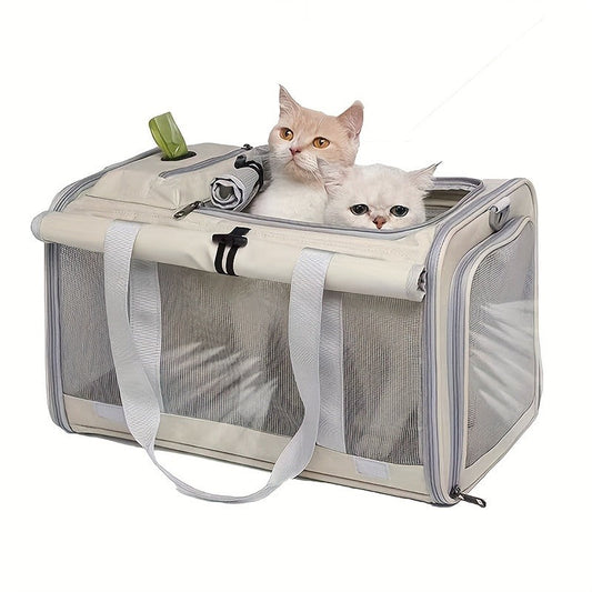 Airline Approved Pet Carrier Soft Sided Collapsible for Cats & Small Dogs - Breathable Oxford Cloth Travel Bag with Zipper Closure, Privacy Cover & Combo Set with Collar Leash Harness, Blue Pink Grey Green Beige