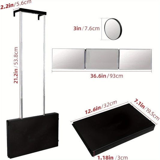 Hair Cutting Mirror 3 Way with LED Light - 360° View Trifold Barber Mirror, Adjustable Height, Door Hang Wall Mount or Tabletop, USB Rechargeable, Anti-Fog HD Glass, Self Hair Cut Mirror Black