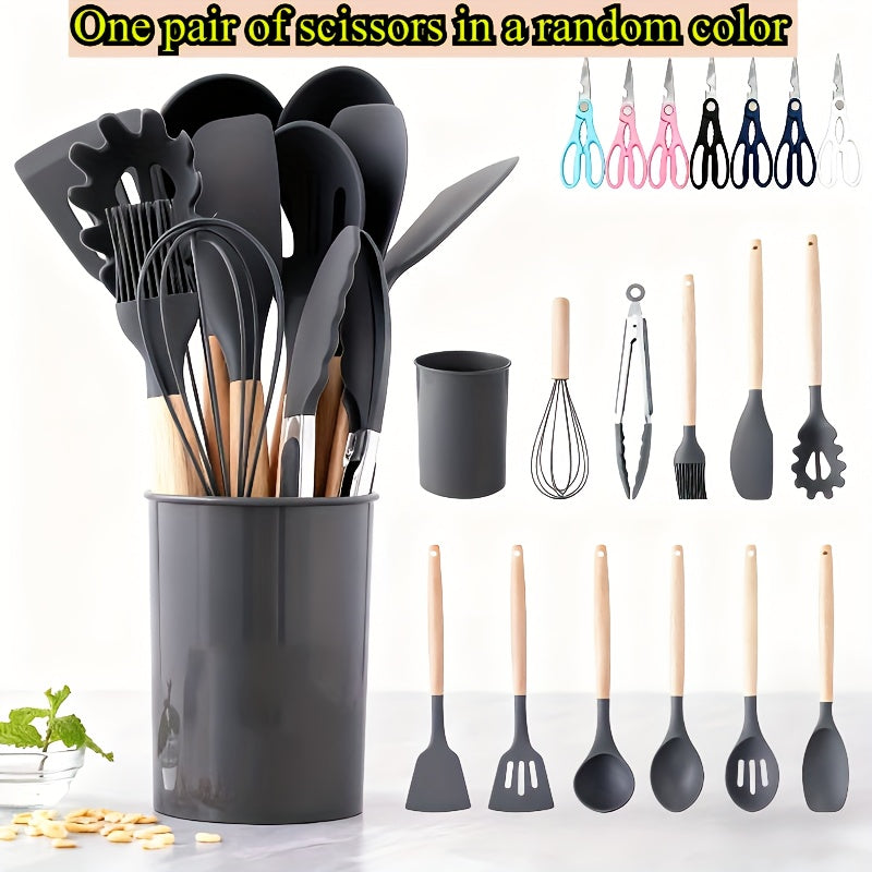 13-Piece Silicone Kitchen Utensil Set with Wooden Handles, Storage Holder and Khaki or Dark Gray Colors