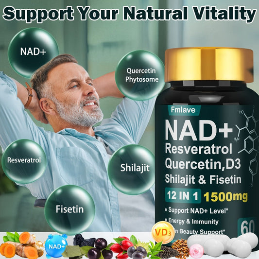 NAD+ Supplement Capsules 1500mg 12-in-1 with Nicotinamide Riboside & Quercetin — Plant-Based Anti-Aging Cellular Energy Focus & Immune Support for Women and Men | 60 Capsules