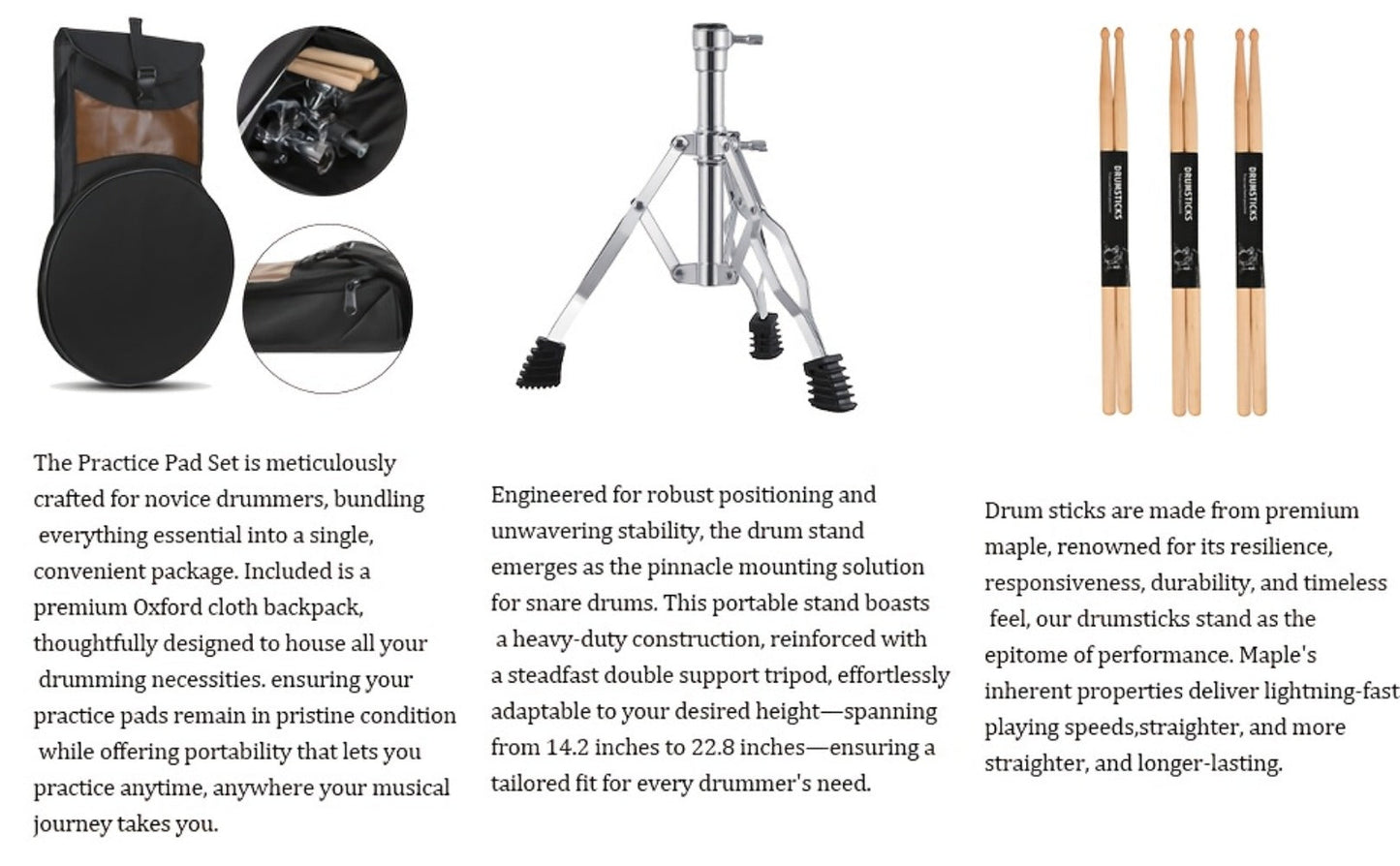 12-Inch Drum Practice Pad Set with Adjustable Snare Stand, Sticks and Bag detail image - detail view 13
