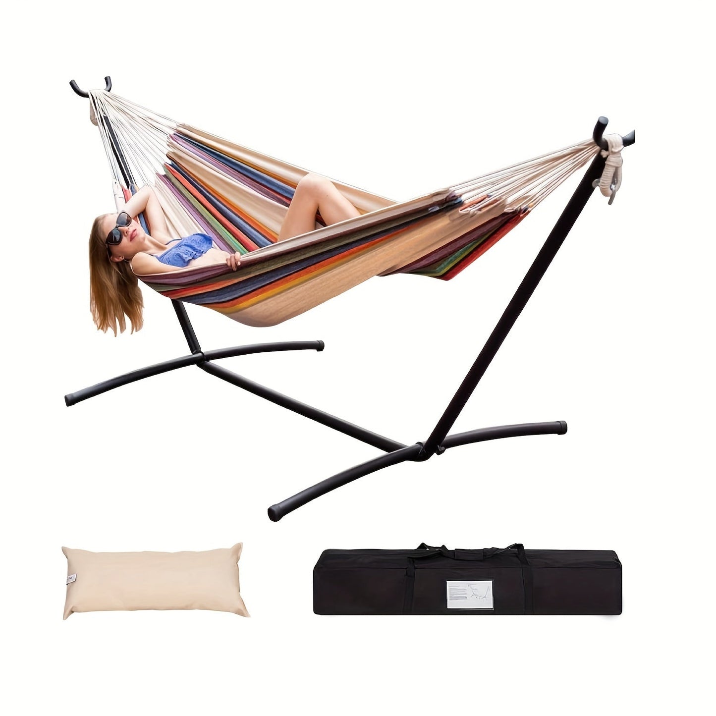 Hammock and Steel Stand Set with Pillow, Carry Case, Eight Colors and 450 lb Load-Limit Marking
