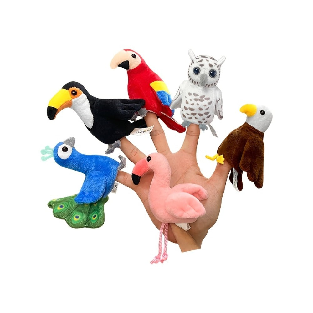 Six-Piece Bird Finger Puppet Set with Parrot, Peacock, Toucan, Flamingo, Owl and Eagle Designs