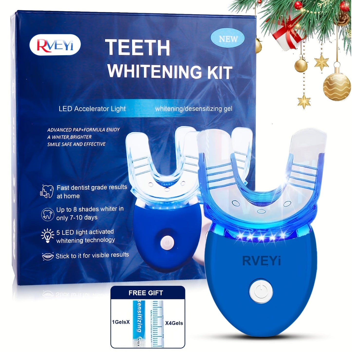 White or Blue Five-LED Teeth Whitening Kit with Five Gel Syringes and 10.8 cm Mouthpiece Device