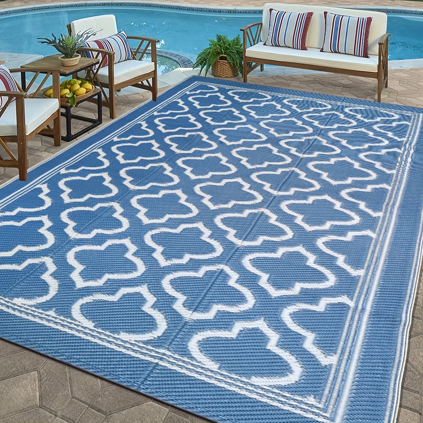 Blue and White Reversible Outdoor Mat with Geometric Pattern and Two Rectangular Size Options