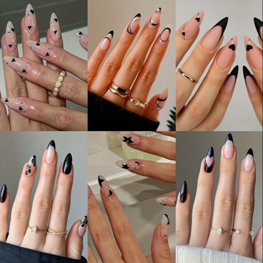 Short Almond Press On Nails 144 Pieces with Glue Pink Flower Rhinestone Black French Tip Full Cover Fake Nails Cute Nail Art Kit for Women Girls Daily Wear Party Wedding Date Night Gift Set