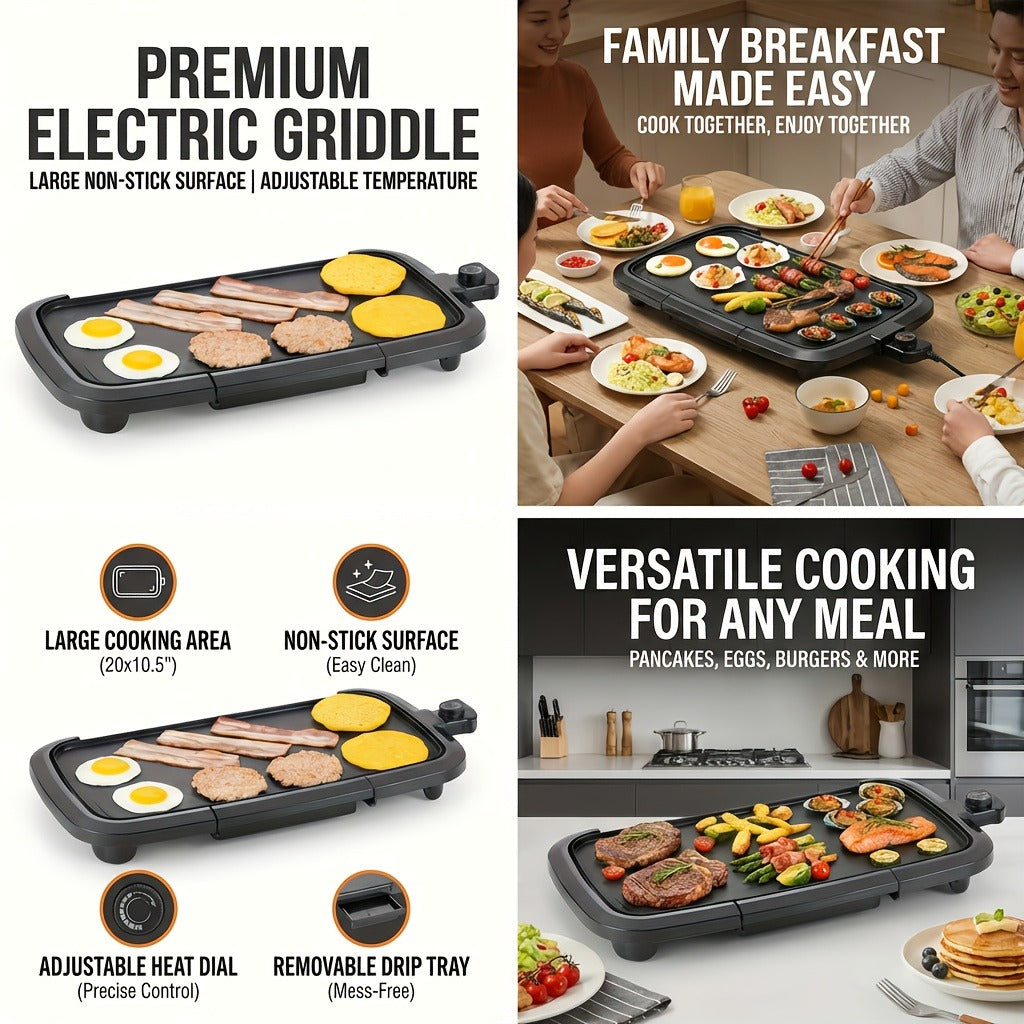 Electric Griddle Non-Stick Teppanyaki Grill Pan, Frying & Grilling All-in-One for Eggs, Steaks, Bacon, Pancakes & Seafood – Easy-Clean Indoor Electric Grill for Breakfast, BBQ & Party