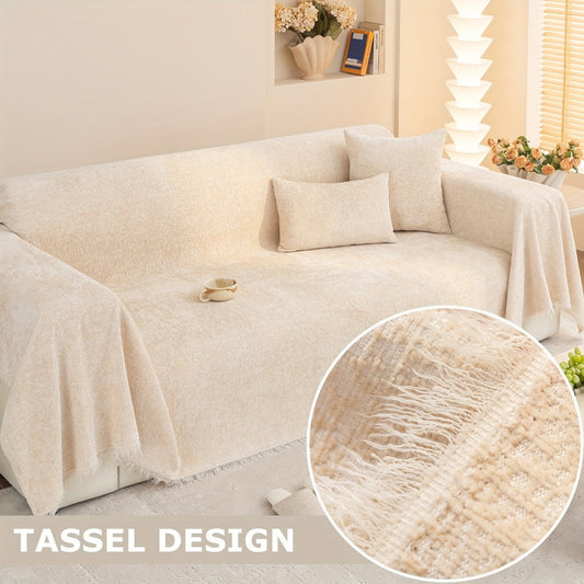 Sofa Cover 300 GSM Solid Chenille Throw with Fringe in Four Colors and Sizes from Single Seat to 71 x 150 Inches