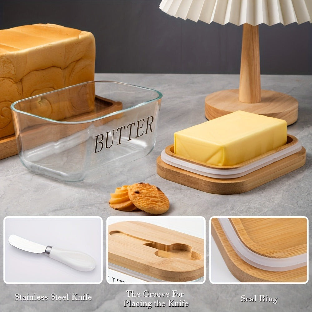700 ml Clear Glass Butter Dish with Bamboo Lid, Knife Slot and White-Handle Spreader for Counter or Fridge