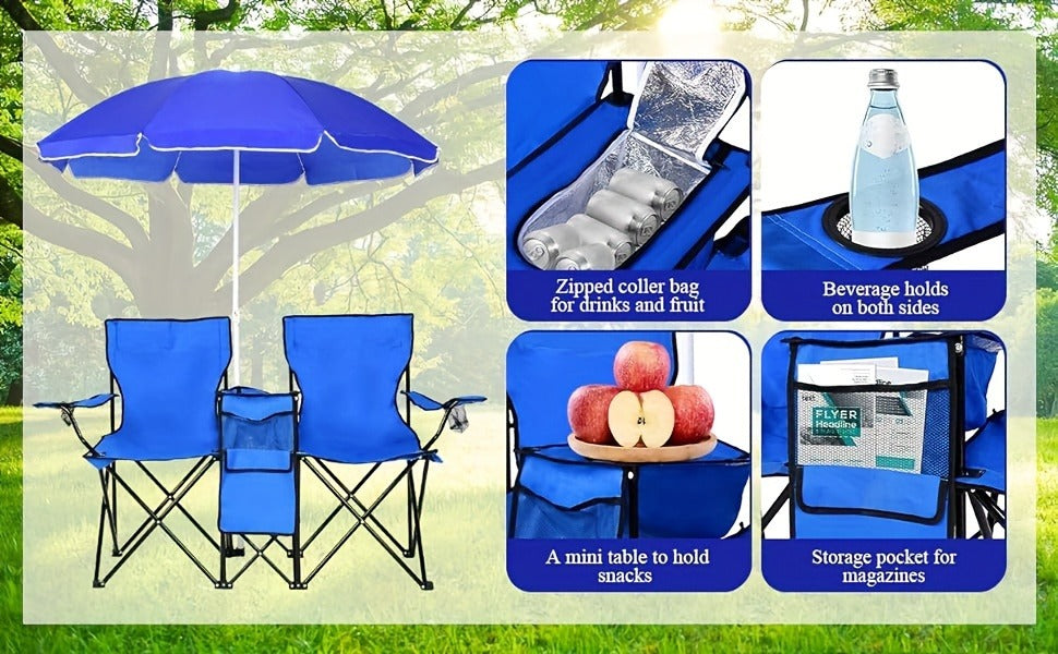 Folding Picnic Chair Set for 2 | Umbrella, Cooler Bag & Table, 600 Lbs Capacity, Portable