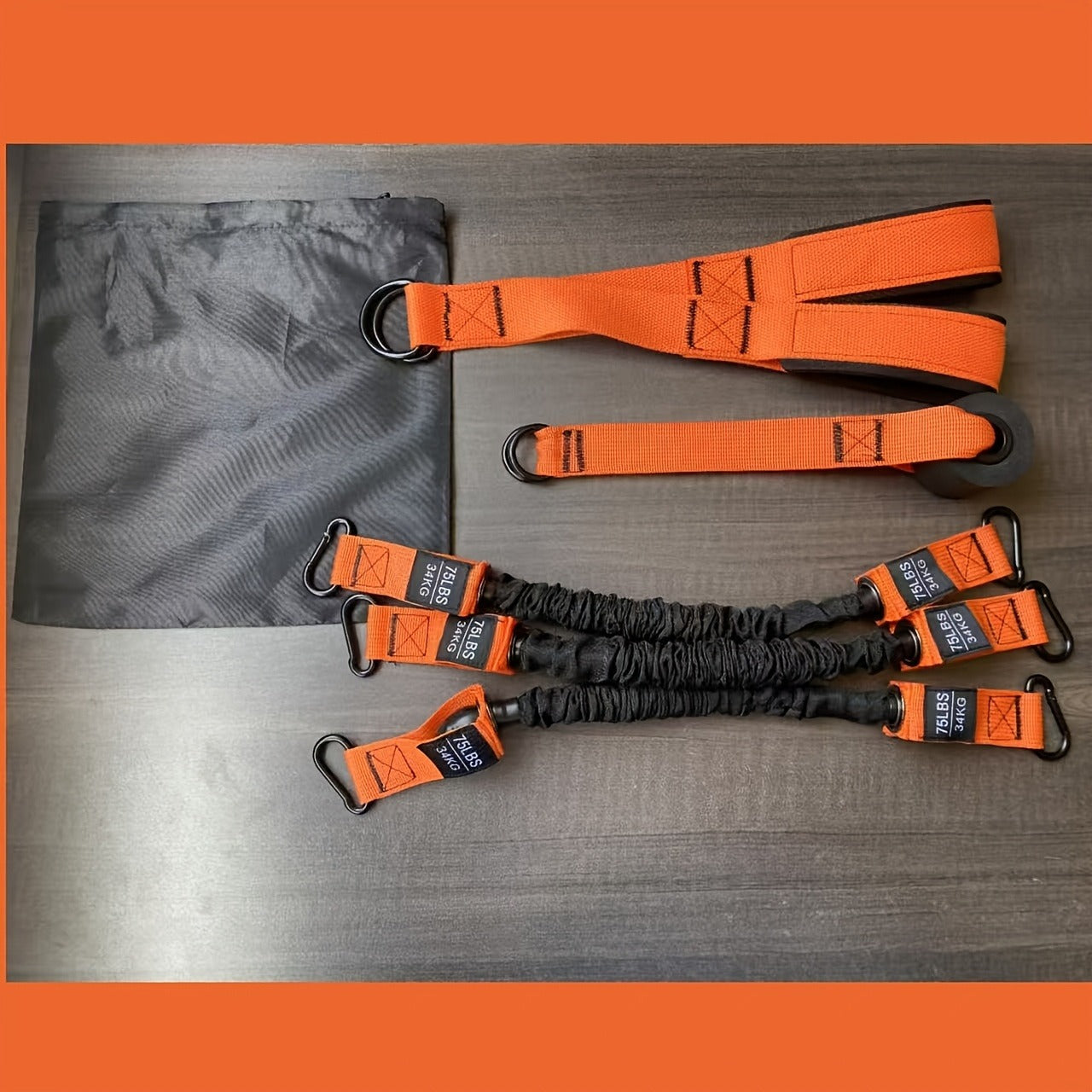 Orange Five-Piece Door-Anchor Resistance Band Set with Three Tubes, Door Anchor and Pictured Handles