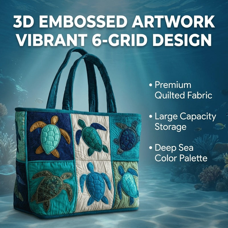 Sea Turtle Patchwork Tote Bag with Quilted Panels, Teal Handles and 17 x 15.75-Inch Checkout Size