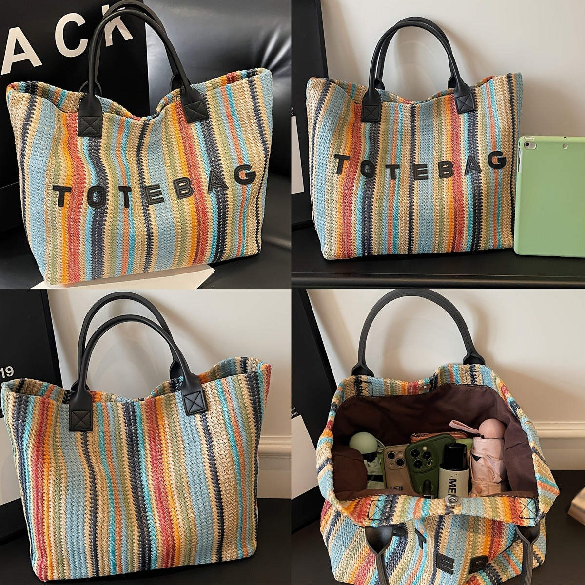Striped Woven Tote Bag with Letter Detail, Open Top and Black, Green or Brown Handle Options