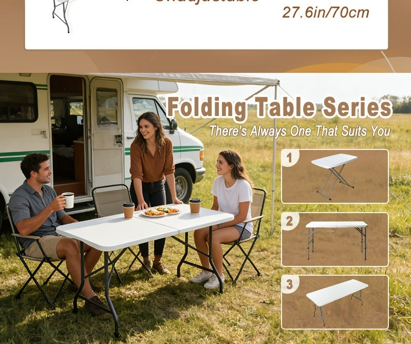 Folding Table 4ft and 6ft White Plastic Top with Black Metal Legs, Carry Handle and Adjustable Height