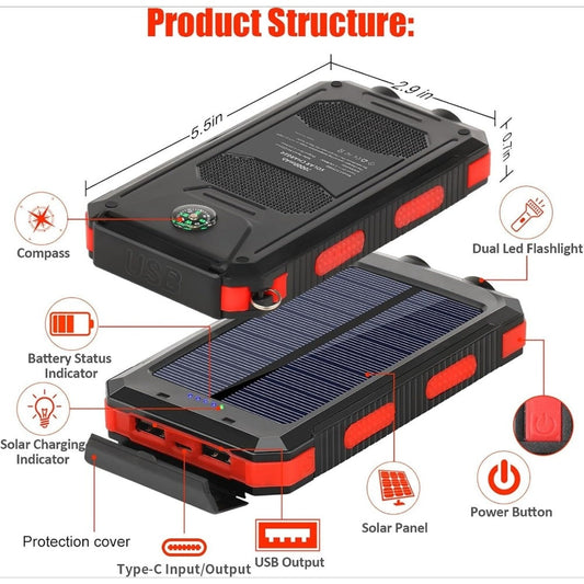Solar Power Bank 20000mAh Outdoor Portable Charger with LED Flashlight SOS Compass & Carabiner Hook – Dual USB Waterproof Battery Pack for Camping Hiking Backpacking Emergency Survival Gear Gift