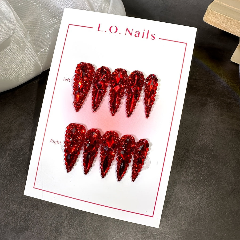 Press On Nails 10-Piece Long Water-Drop Set with Red Glass Glitter and Removable Self-Adhesive Gel Tabs