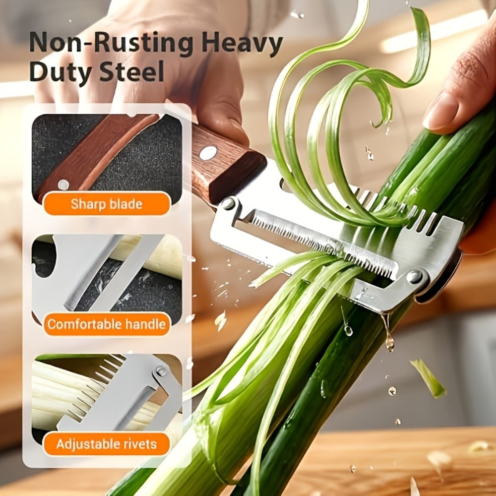 Two-Piece Zhoshuai Vegetable Peeler Set with Wood Handles, Scallion Comb and Bottle-Opening Cutout