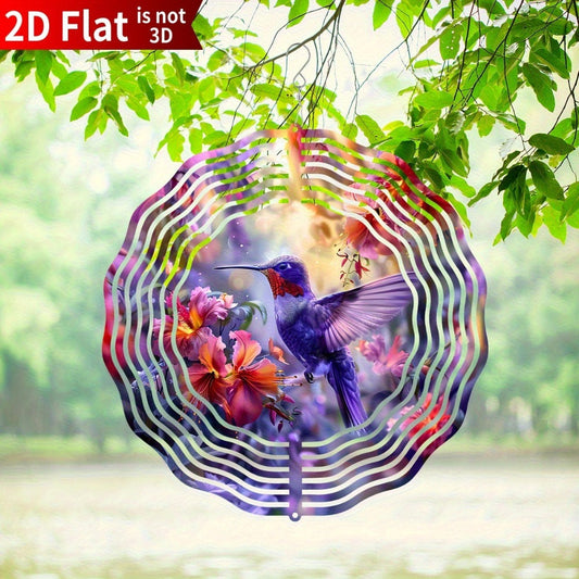 Hummingbird Wind Spinner for Garden – 10" Kinetic Metal Sculpture with Color-Changing Feathers, Wind-Powered 2D Flat Iron Art for Outdoor Yard Decor, Patio Stake Ornament, Bird Lover Gift