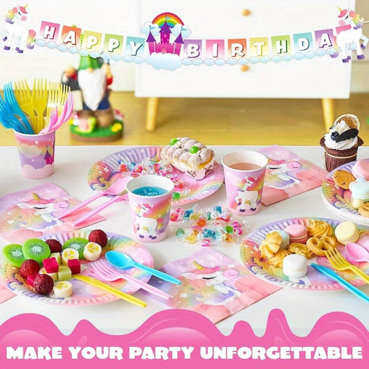 Unicorn Tableware Party Supplies Set with 145 Pieces for 24 Settings, Cups, Cutlery and Banner