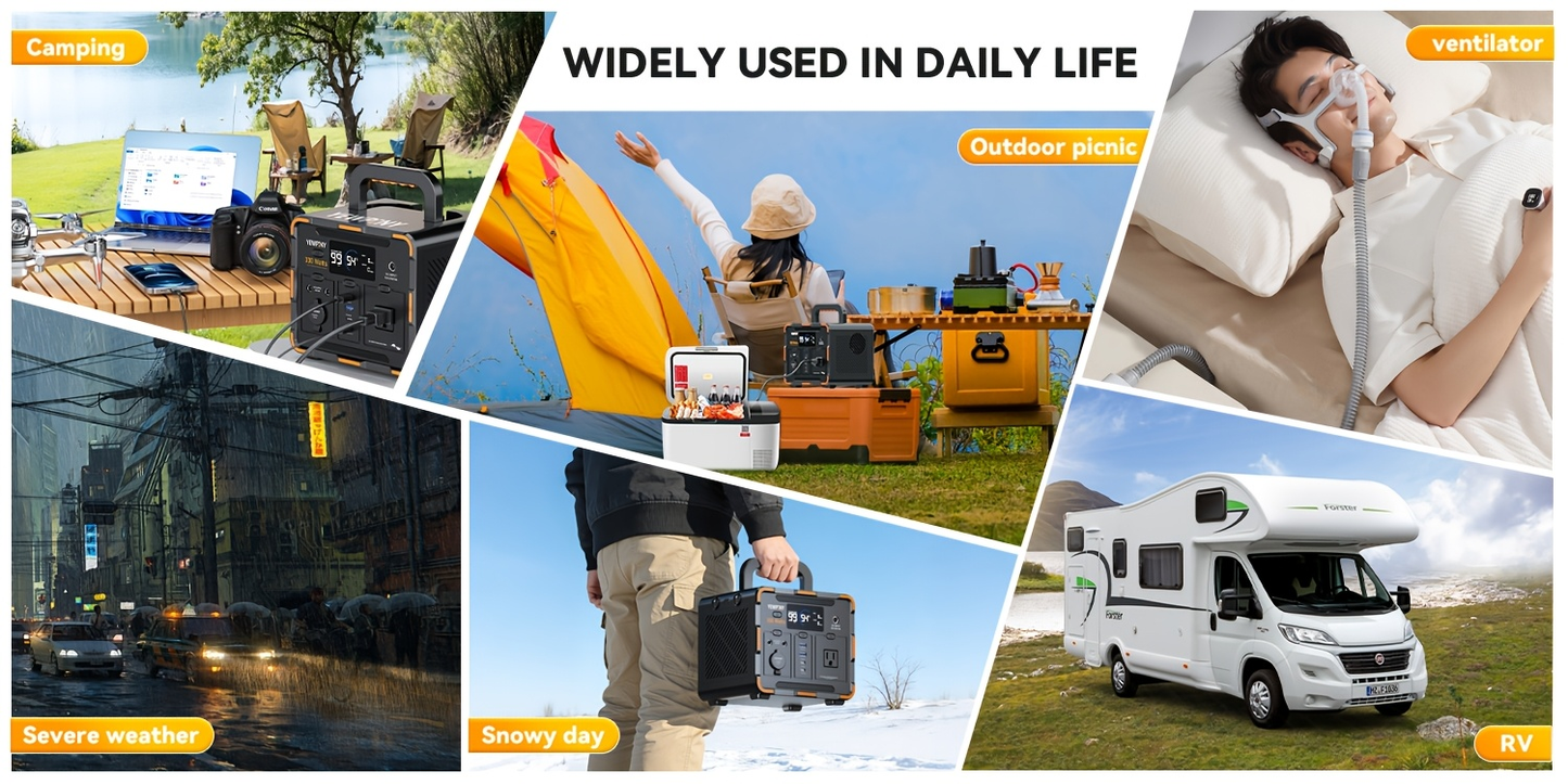 Portable Power Station 259Wh 300W or 599Wh 600W with AC, DC, USB, LiFePO4 Cell Pack and LED Light