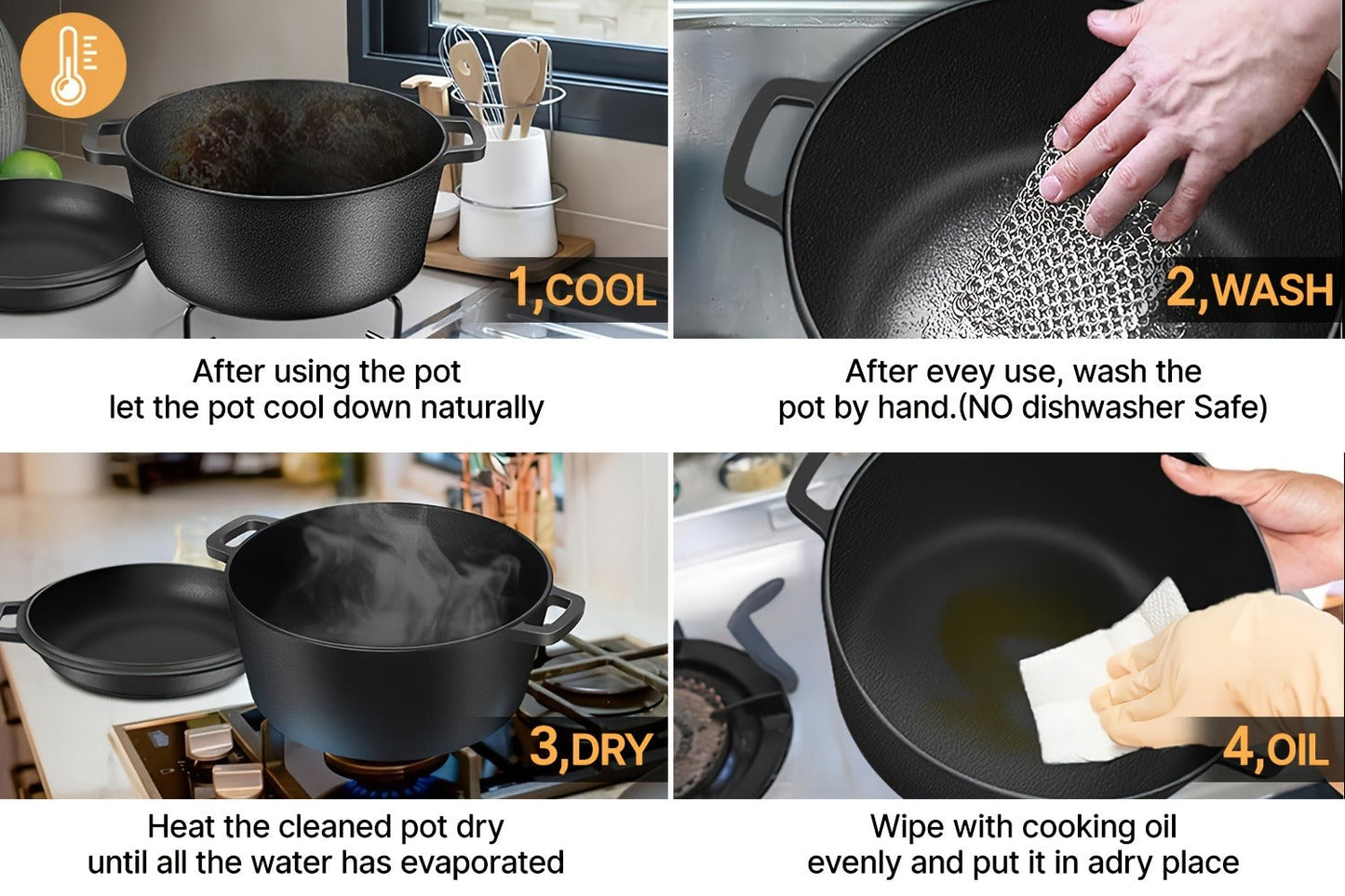 Pre-Seasoned-Labeled Cast Iron Dutch Oven with Reversible Skillet Lid, Trivet, Handle Covers and Scraper
