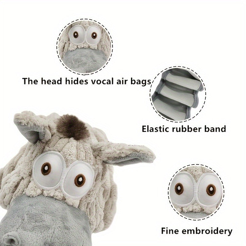 Dog Toy Stretch Donkey Plush Squeaker with Elastic Body, Textured Surface and Rope Ends in Gray White