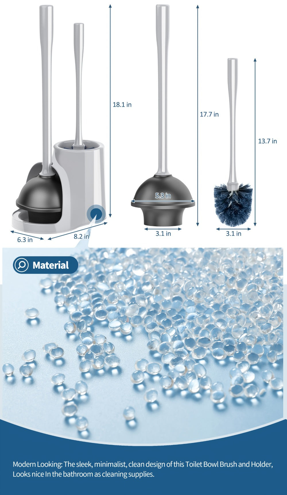 Toilet Plunger and Bowl Brush Combo with Separate Holders and Compact Gray Bathroom Storage Design