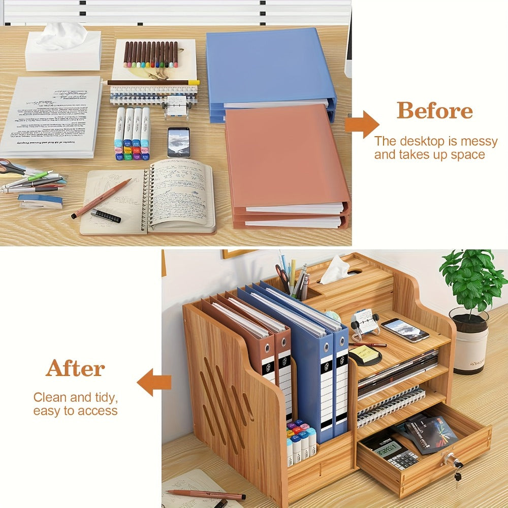 Wooden Desktop Document Organizer with File Slots, Open Shelves, Small Drawer and Approximately 38 cm Width