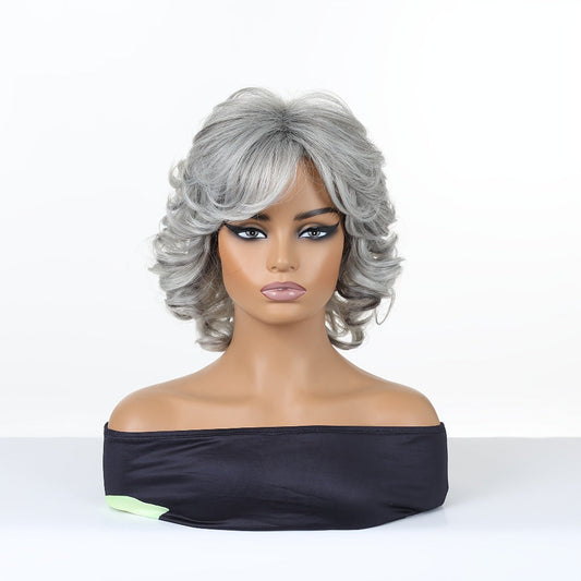Synthetic Wig 12-Inch Silver Grey Short Curls with Bangs and Adjustable Rose Net Cap for Cosplay Looks